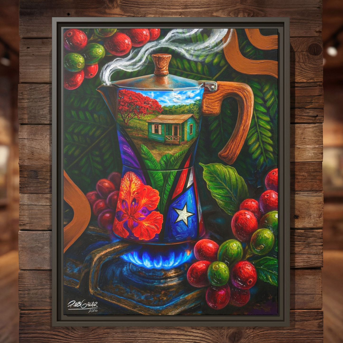 OBRA DE ARTE | Edición Limitada: "CAFÉ RICO!" - Enmarcada con Canvas PREMIUM. ¡LISTA PARA TI!