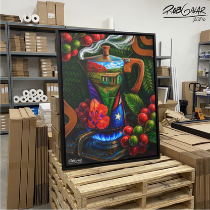 OBRA DE ARTE | Edición Limitada: "CAFÉ RICO!" - Enmarcada con Canvas PREMIUM. ¡LISTA PARA TI!