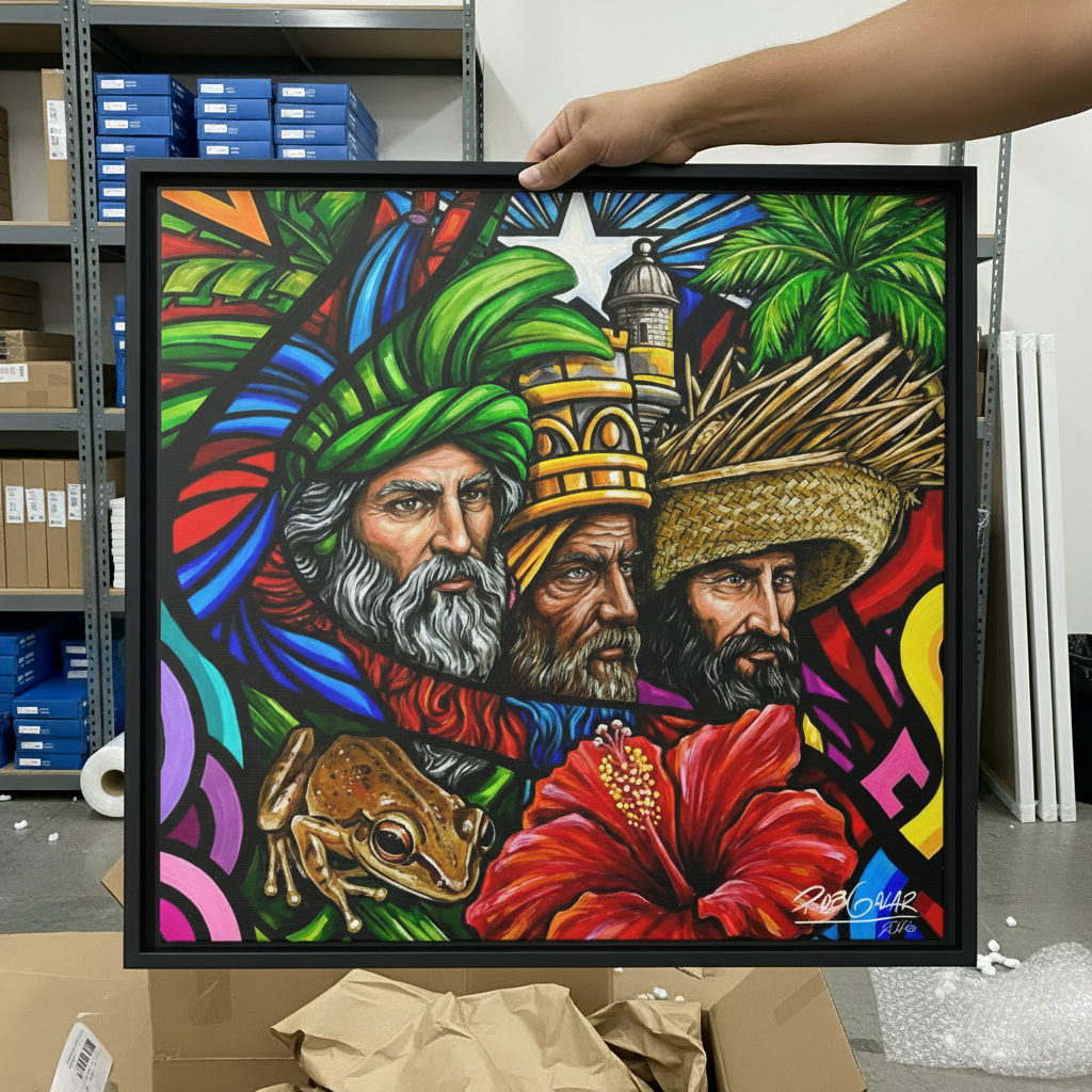 Canvas Tres Reyes en almacén con cajas azules